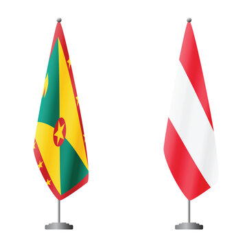 Grenada and Austria flags on flagpoles for official ceremonies and meetings, transparent background vector