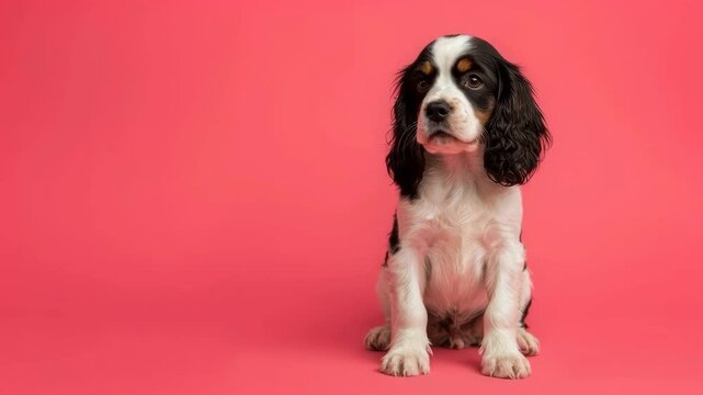 Spaniel Puppy Dog Sitting Against Coral Background With Gentle Expression