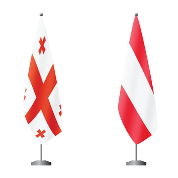 Georgia and Austria flags on flagpoles for official ceremonies and meetings, transparent background vector