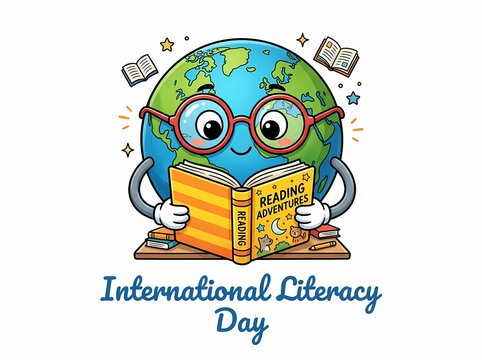 International Literacy Day Design With Globe Character Reading Adventure Book