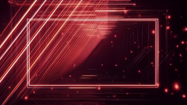 Red Neon Geometric Frame with Glowing Light Trails and Sparkling Particles on Dark Background