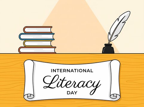 International Literacy Day Graphic With Wooden Desk Books And Scroll