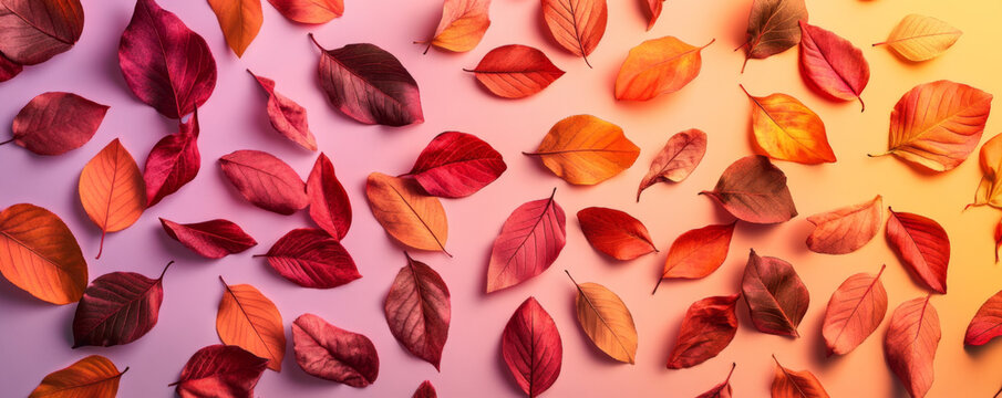 Red and orange maple leaves on a vibrant gradient background banner