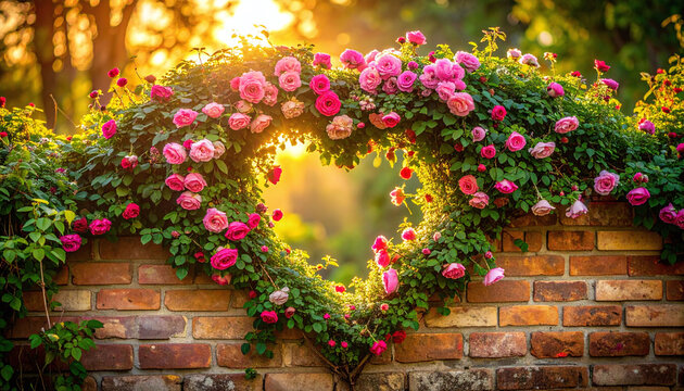 A romantic heartshaped pink rose arch on a brick wall is bathed in warm golden sunset sunlight in a serene garden with nobody, evoking feelings of love, passion, and magic.