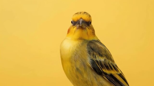 Yellow Songbird with Striped Wing and Golden Background, Textured Yellow Feather Portrait in Nature