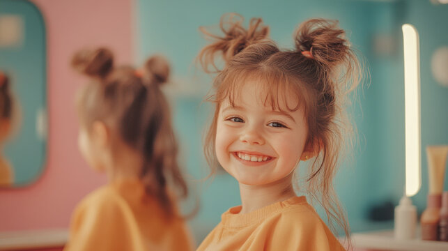 Smiling Girl with Fun Hair Buns in Colorful Hair Salon