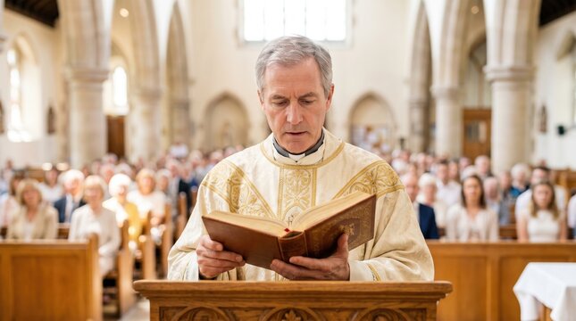 Catholic priest reading holy bible at pulpit in church. Clergyman preaching to congregation during mass service