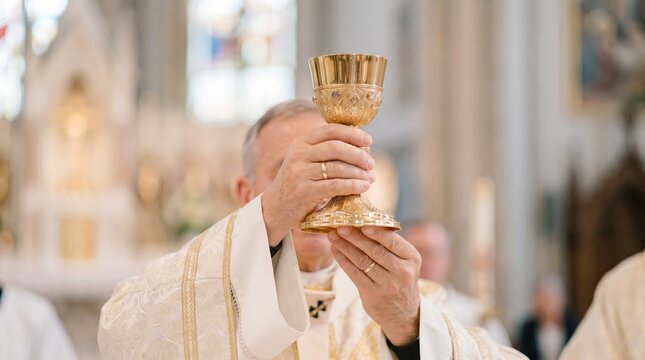 Priest holding golden chalice during holy communion. Catholic mass liturgy in church. Christian sacrament of eucharist