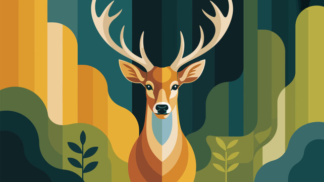Majestic deer with large antlers standing prominently in a stylized forest environment