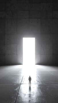 A small silhouette of a businessman stands before a massive glowing door in a dark concrete room, evoking awe and ambition as a powerful metaphor for hope, opportunity, and success.