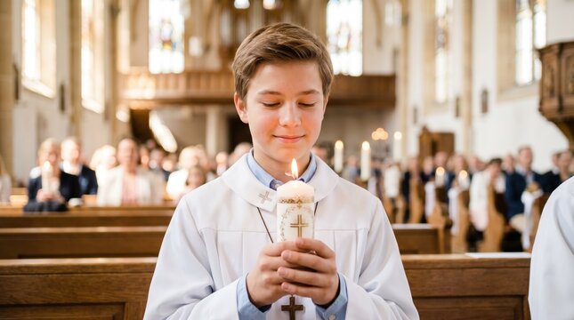 Young boy holding a lit candle during his First Holy Communion. Child in white alb with a wooden cross necklace in a church