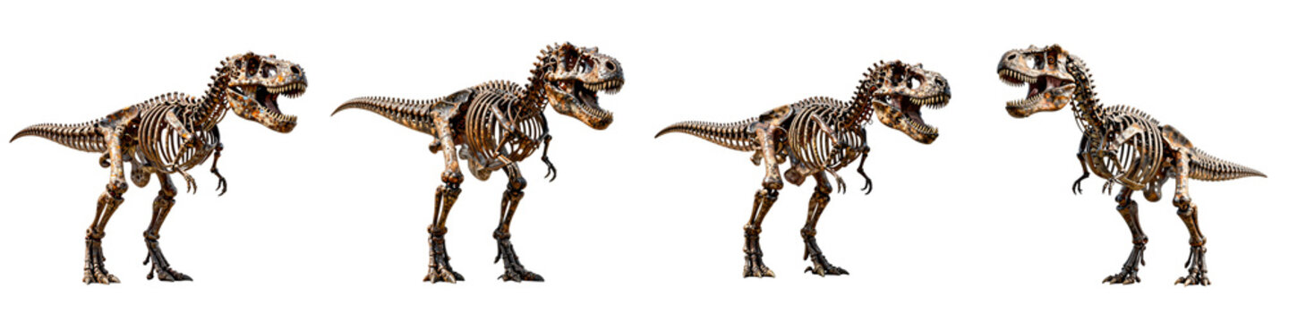 Skeletal tyrannosaurus rex appears four times on a black backdrop