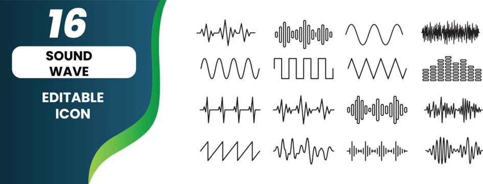 Set of minimalist sound wave icons and audio frequency visualizations in a flat monochrome vector design