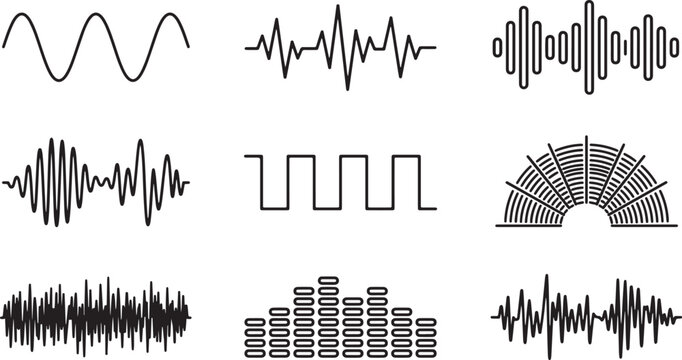Minimalist sound wave icons and audio frequency patterns in black and white vector design for digital media and music app interfaces