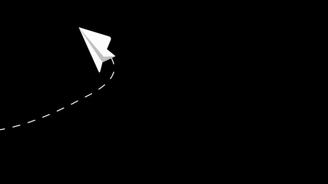 Paper airplanes flying over sky. Stop motion animation. Origami Paper plane ,Animated paper airplane flying with dotted path motion on teal background, flight motion animation trajectory