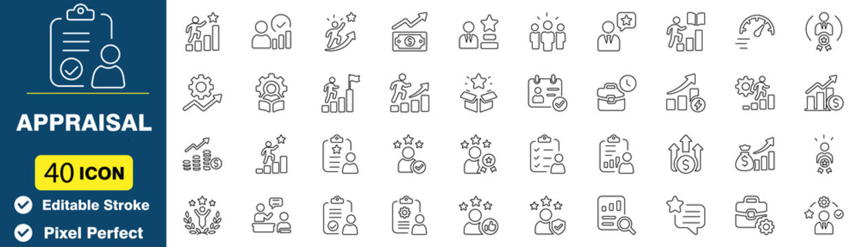 Set of 40 performance appraisal and employee evaluation line icons for business management and career growth editable stroke