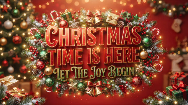 Festive christmas background featuring a decorative wreath with golden ornaments and pine branches surrounding the bold text christmas time is here let the joy begin