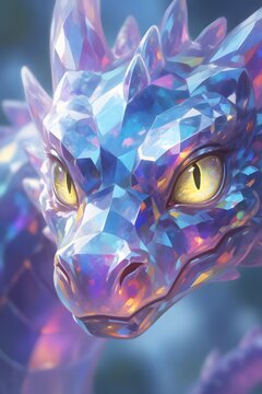 Close up of a crystal dragon head with glowing yellow eyes and iridescent scales