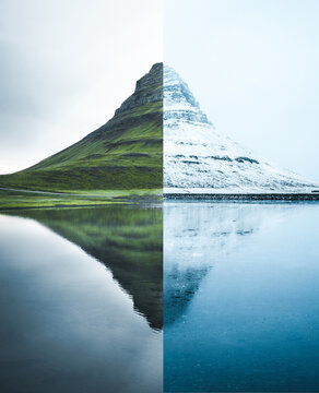 Iceland - 14 October 2018: View of Kirkjufell mountain showing a split composition of lush green summer landscape and snow-covered winter scenery reflected in the calm water.