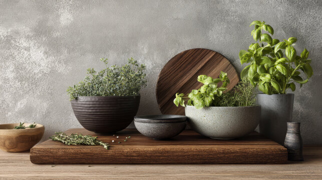 Fresh Herbs in Rustic Bowls on Wooden Kitchen Counter