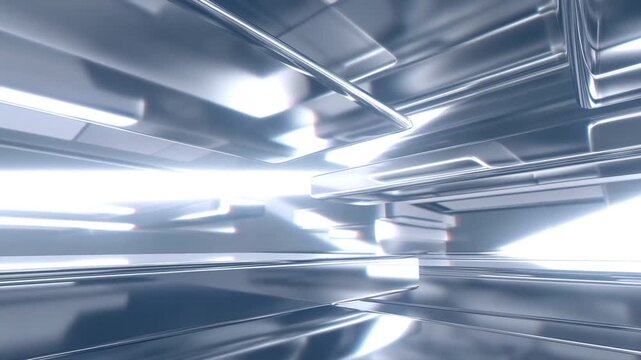 Abstract metallic interior with reflective geometric surfaces and bright cool lighting
