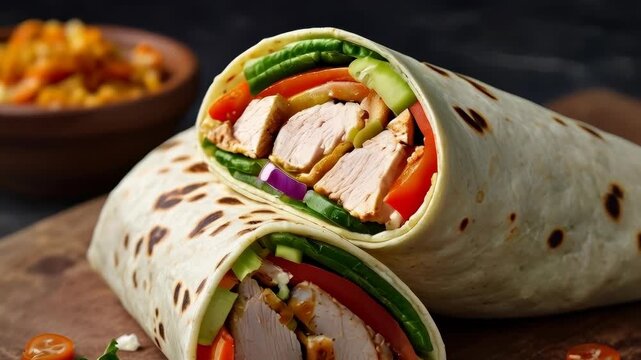 Chicken Burrito with Grilled Chicken, Sliced Chicken, Tomato and Feta in Flour Tortilla Wrap