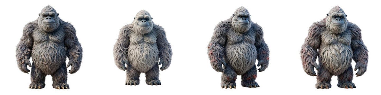 Four variations of a fluffy gorilla stand on a black background showing different skin imperfections
