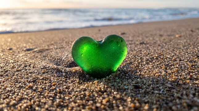 Close up of green heart shaped sea glass on sandy beach