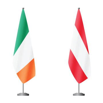 Ireland and Austria flags on flagpoles for official ceremonies and meetings, transparent background vector