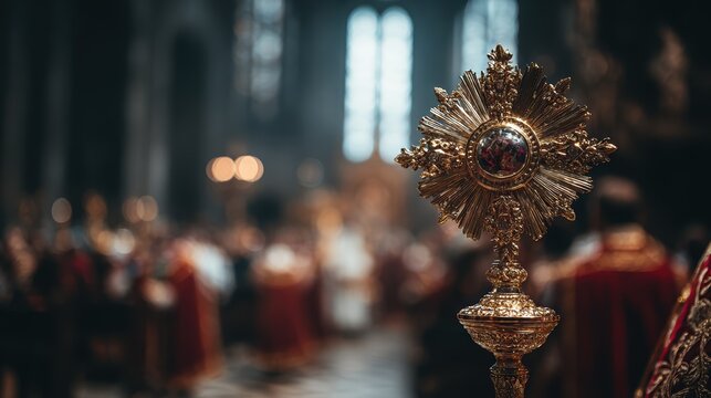 Golden monstrance in a cathedral during a religious service. Detailed ostensorium with blurred church interior and stained glass windows. Christian religion liturgy concept
