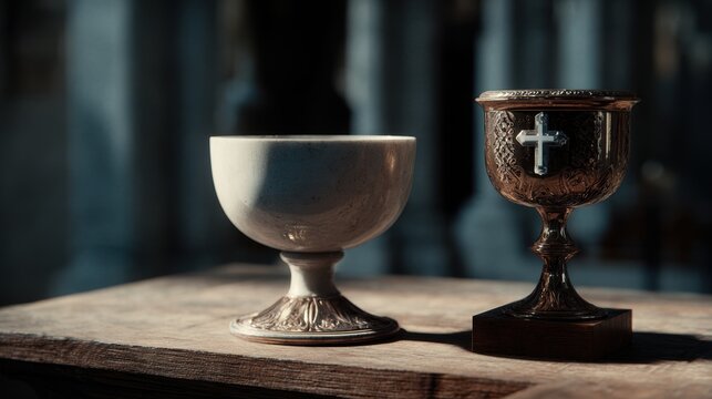 Ornate metal chalice with cross and white stone cup on wooden table. Christian communion vessels in dark church interior