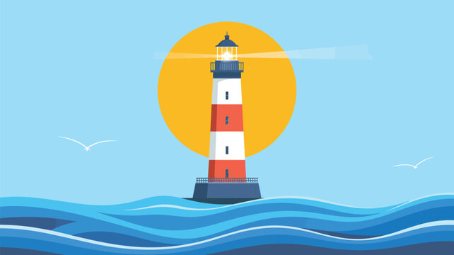 Majestic red and white lighthouse guides ships through ocean waves with a radiant sun behind