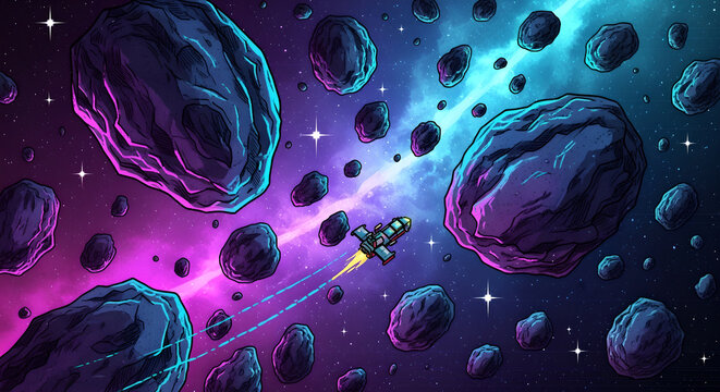 Vibrant pixel art spaceship navigates a dazzling asteroid field in deep space, illuminated by neon purple and blue nebulas, evoking a retro-futuristic cosmic adventure in digital art