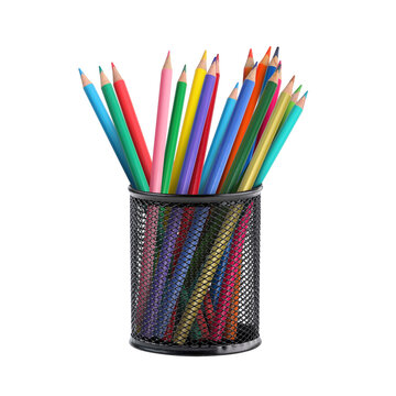 Colorful Pencils in a Mesh Pencil Holder on Transparent Background PNG