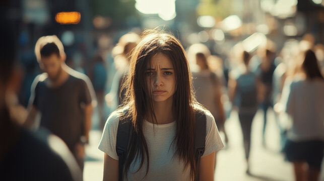 Young Woman Experiencing Panic in Busy Urban Area