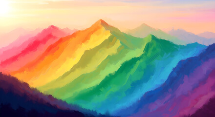 Obraz premium Vibrant atmospheric landscape with majestic mountain ridges bathed in a breathtaking spectrum of rainbow colors, creating an impressionistic and ethereal visual palette