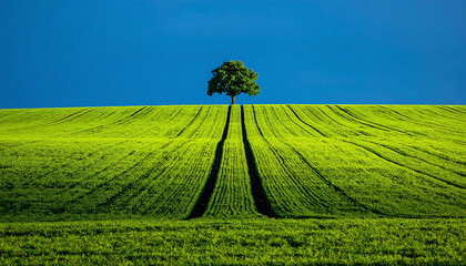 Fototapeta premium A solitary tree stands atop a lush green agricultural field under a deep blue sky with nobody around. This serene landscape evokes peace, representing growth, hope, and sustainability.