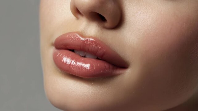 Glossy Nude Lip Closeup with Natural Skin Texture and Soft Studio Beauty Lighting