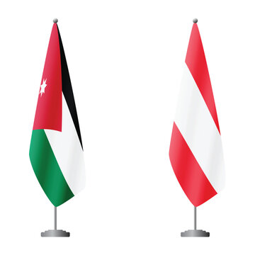 Jordan and Austria flags on flagpoles for official ceremonies and meetings, transparent background vector