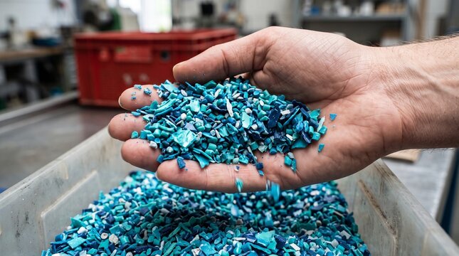 Recycled Plastic Pellets: A close-up shot of a hand holding a pile of colorful, recycled plastic pellets, representing sustainable manufacturing and material reuse.