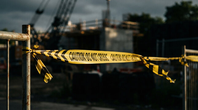 Yellow caution tape at industrial construction site