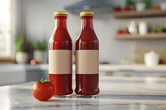 Empty hot chili or bbq sauce bottles template on a blurry bright kitchen counter backdrop under daylight for grocery food brand commercial identity layout
