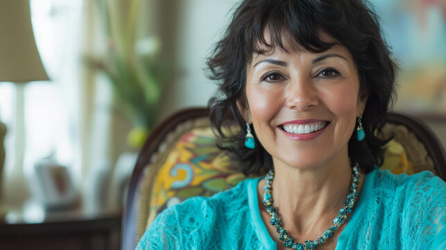Smiling Woman Relaxing Indoors with Green Background
