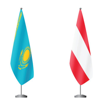 Kazakhstan and Austria flags on flagpoles for official ceremonies and meetings, transparent background vector