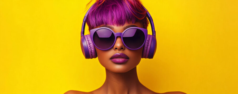 Stylish woman with purple hair wearing matching headphones