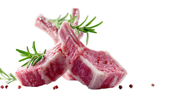 Raw lamb chops with rosemary sprigs and coarse salt crystals isolated on transparent background