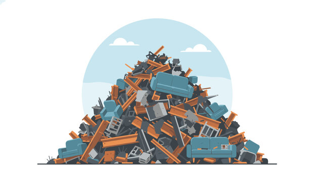 Heap of miscellaneous furniture and old household items piled up in the center against a light blue circular backdrop with clouds.