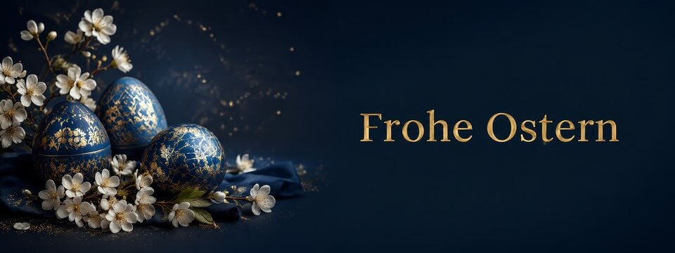 Frohe ostern elegant easter background with decorated eggs and floral accents for celebrating the holiday