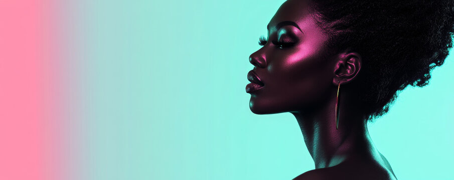 Elegant Woman Posing on Neon Pink and Teal Gradient Background
