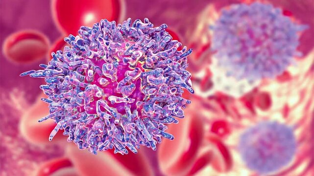 Hairy cell leukemia, 3D animation of abnormal lymphoid cells with characteristic cytoplasmic projections, representing a rare chronic B-cell blood cancer.